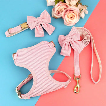 Rose red velvet bow dog collar, leash, and harness set for cats and dogs, made with polyester for everyday pet walks and styling.