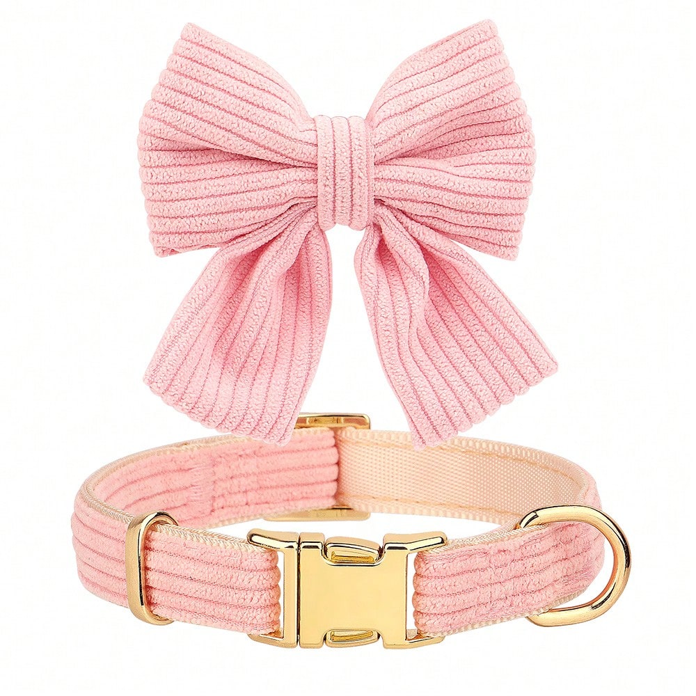 Rose red velvet bow dog collar, leash, and harness set for cats and dogs, made with polyester for everyday pet walks and styling.