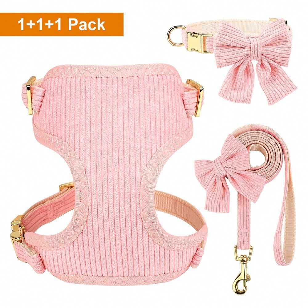 Rose red velvet bow dog collar, leash, and harness set for cats and dogs, made with polyester for everyday pet walks and styling.