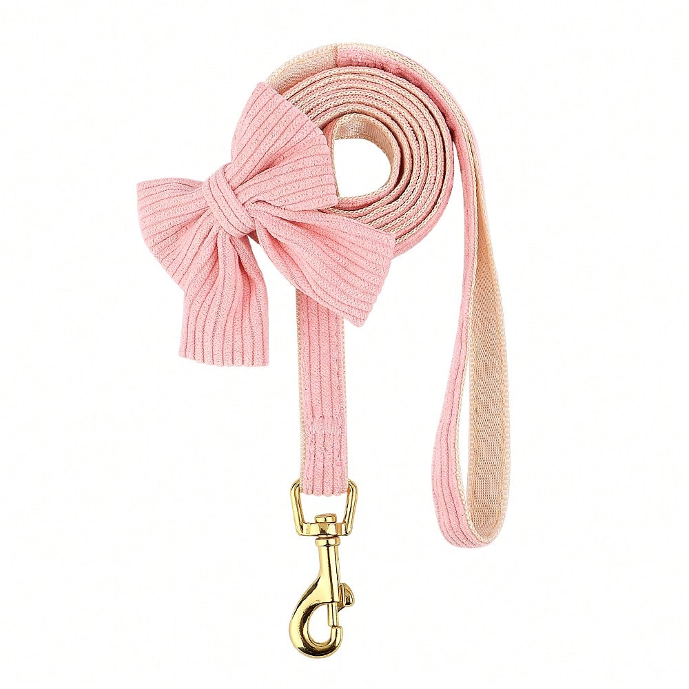 Rose red velvet bow dog collar, leash, and harness set for cats and dogs, made with polyester for everyday pet walks and styling.
