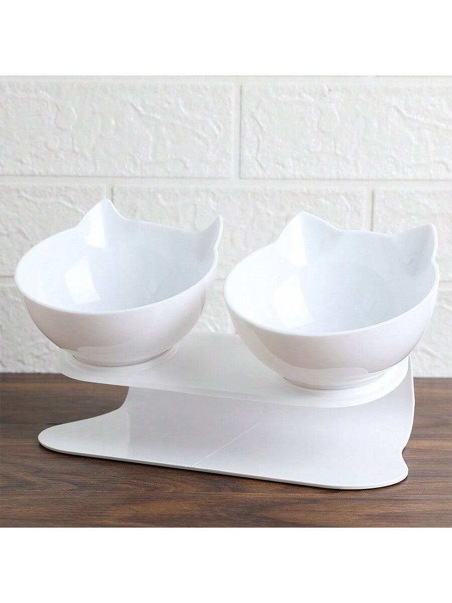 Black cartoon cat design pet bowl set with two PS plastic bowls fitted into a matching base for cats and dogs.
