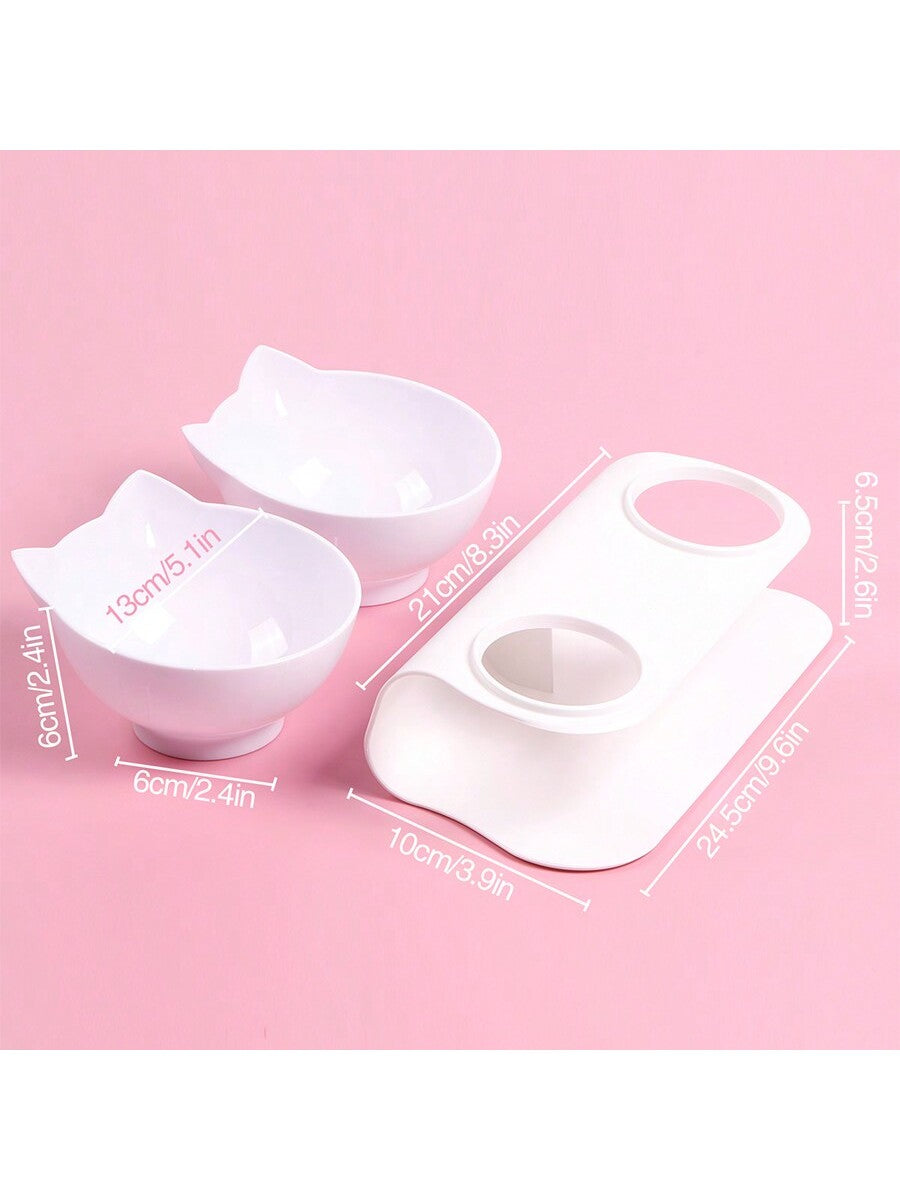 Black cartoon cat design pet bowl set with two PS plastic bowls fitted into a matching base for cats and dogs.