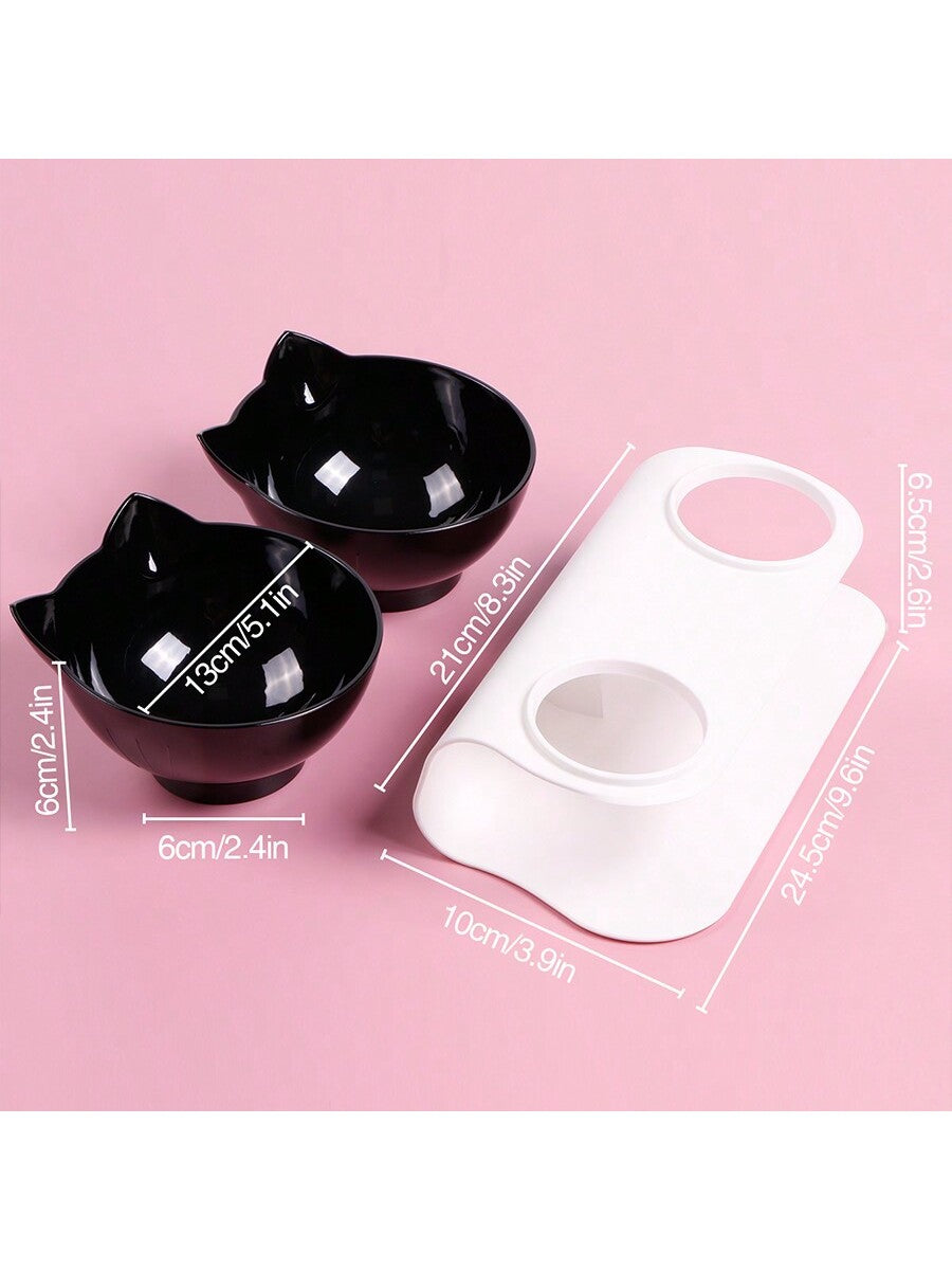 Black cartoon cat design pet bowl set with two PS plastic bowls fitted into a matching base for cats and dogs.