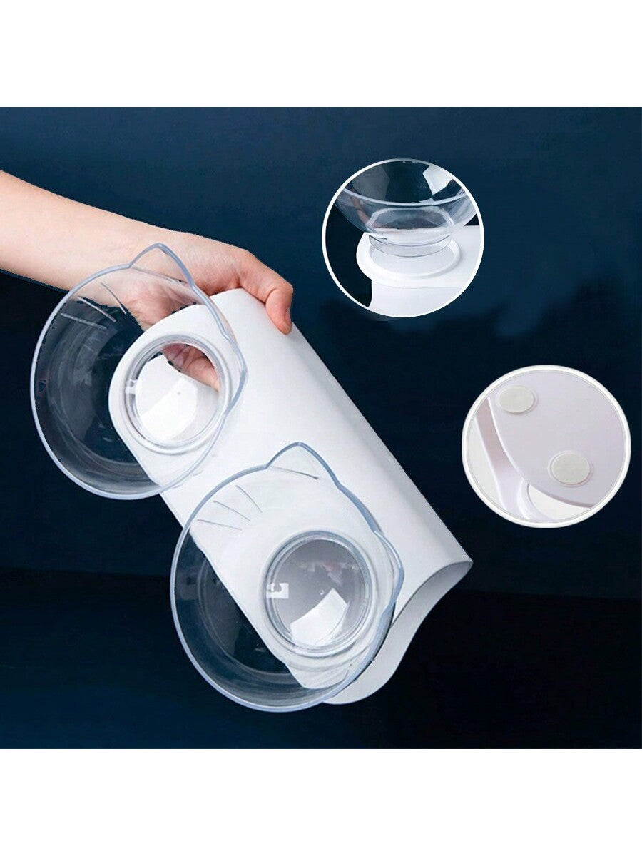 Black cartoon cat design pet bowl set with two PS plastic bowls fitted into a matching base for cats and dogs.
