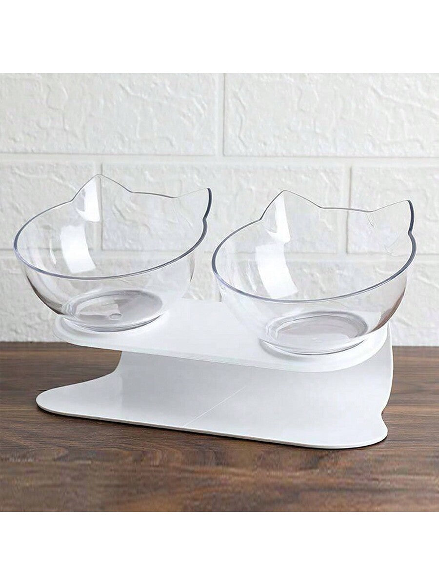 Black cartoon cat design pet bowl set with two PS plastic bowls fitted into a matching base for cats and dogs.