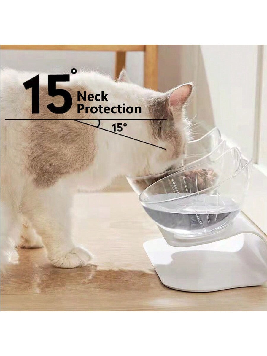 Black cartoon cat design pet bowl set with two PS plastic bowls fitted into a matching base for cats and dogs.