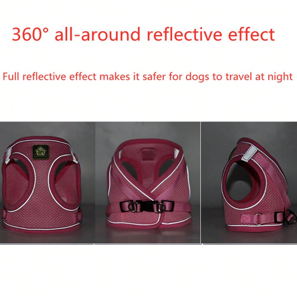 Adjustable vest-style pet harness and leash set for small and medium dogs and cats, made with breathable mesh and reflective stripes for no-pull walking.