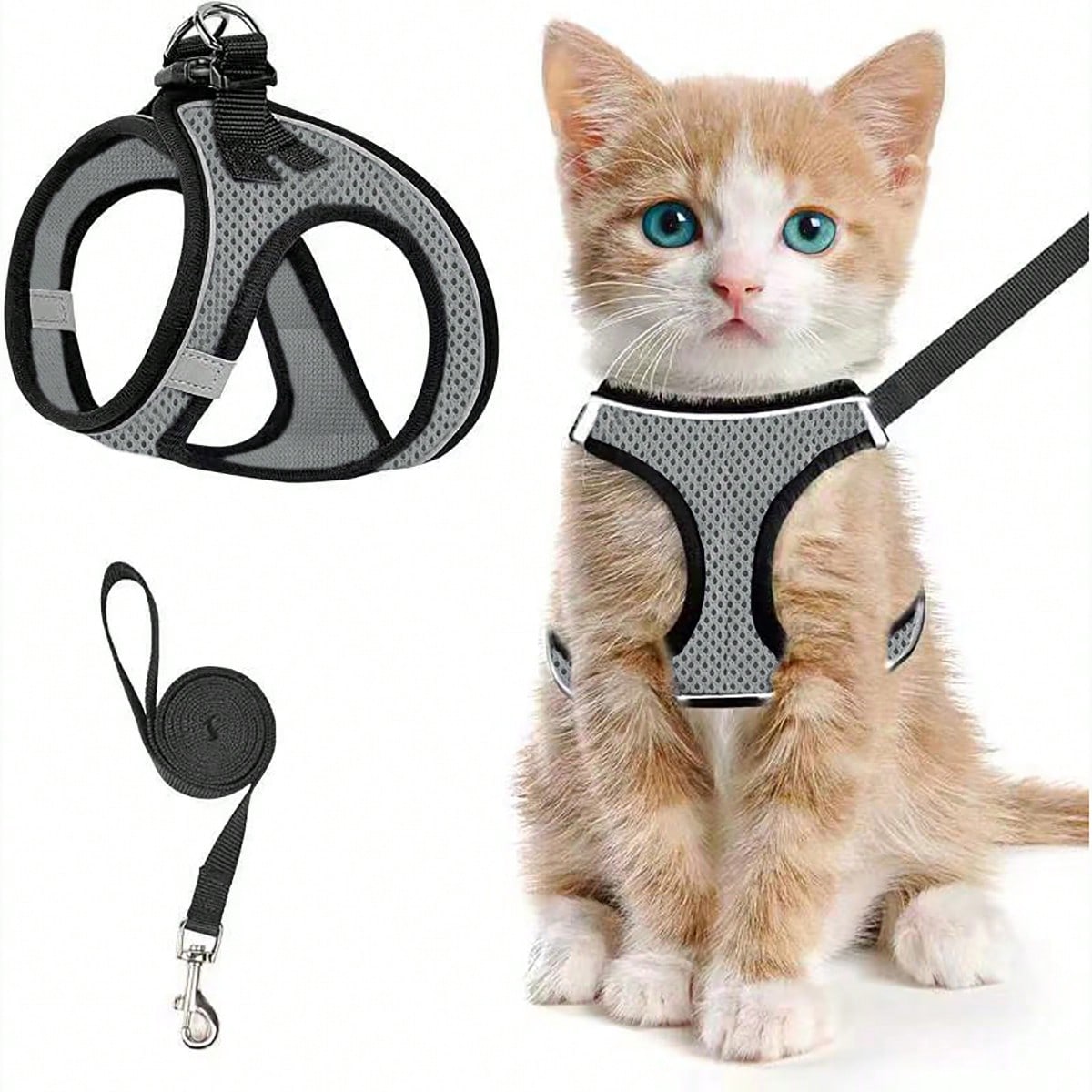 Black polyester cat harness and leash set with soft adjustable vest, breathable design, reflective stripe, and easy-control walking fit for cats or dogs.