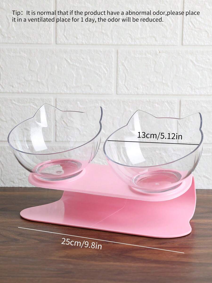 Black cartoon cat design pet bowl set with two PS plastic bowls fitted into a matching base for cats and dogs.