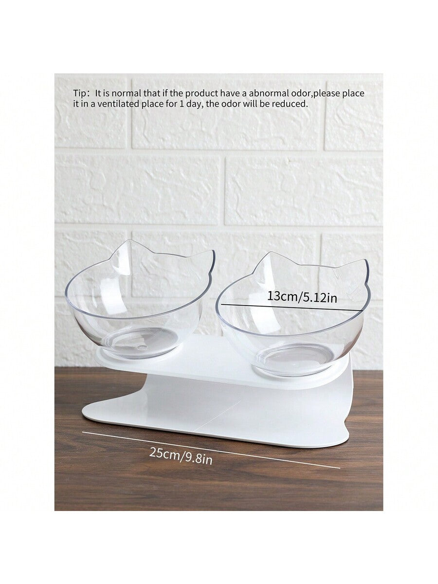 Black cartoon cat design pet bowl set with two PS plastic bowls fitted into a matching base for cats and dogs.