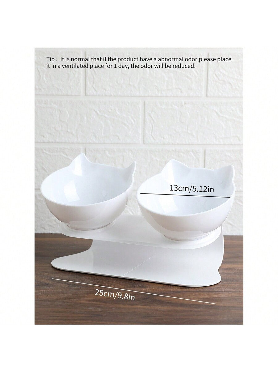 Black cartoon cat design pet bowl set with two PS plastic bowls fitted into a matching base for cats and dogs.