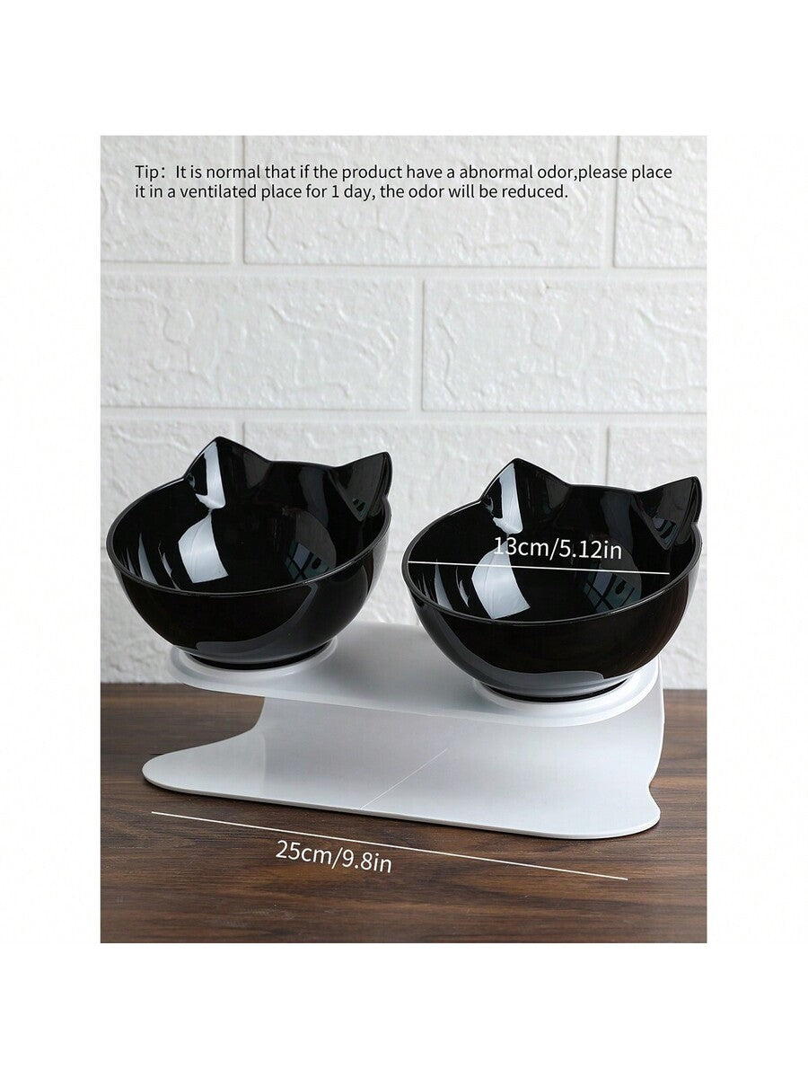 Black cartoon cat design pet bowl set with two PS plastic bowls fitted into a matching base for cats and dogs.