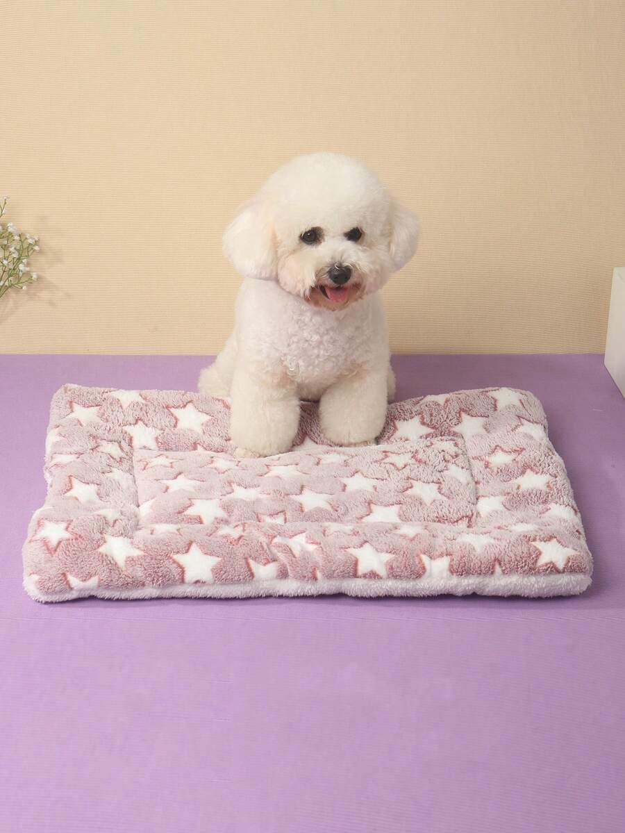Thickened grey pet bed mat with pink star pattern designed for small and medium cats and dogs