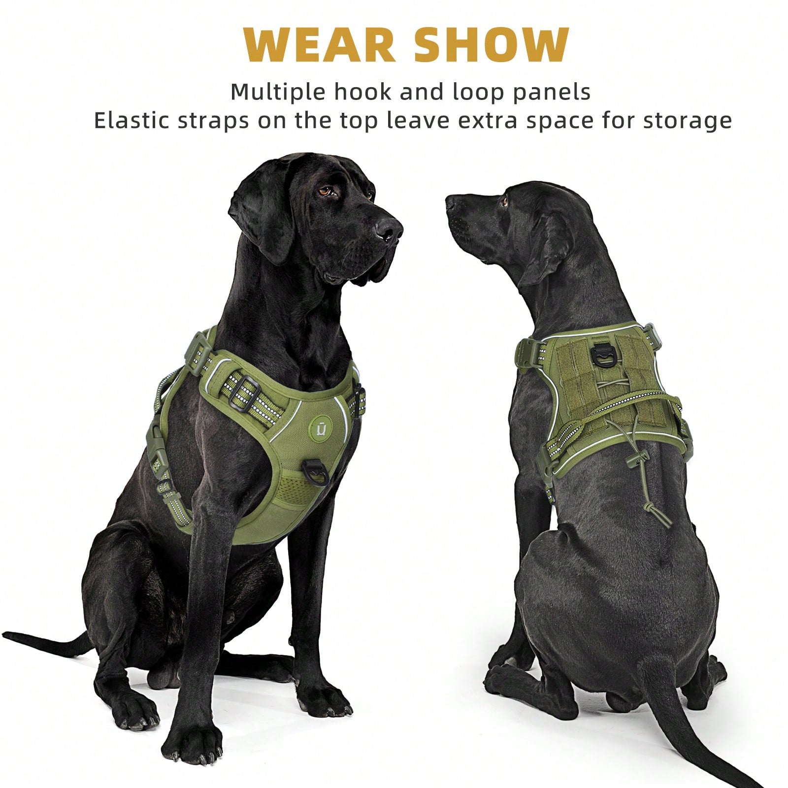Adjustable tactical dog harness in military vest style with double metal hook and anti-pull design for dog training and walking