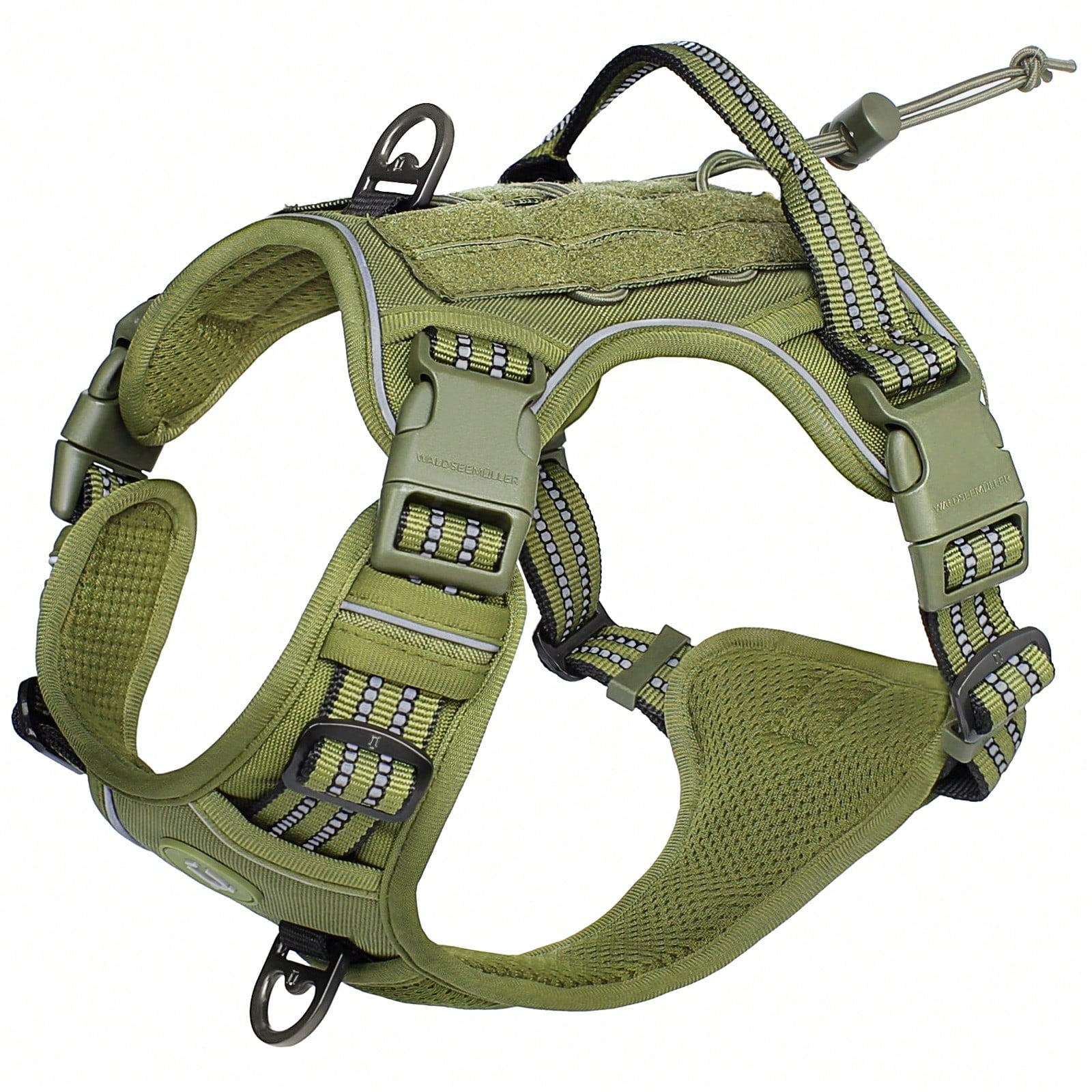 Adjustable tactical dog harness in military vest style with double metal hook and anti-pull design for dog training and walking