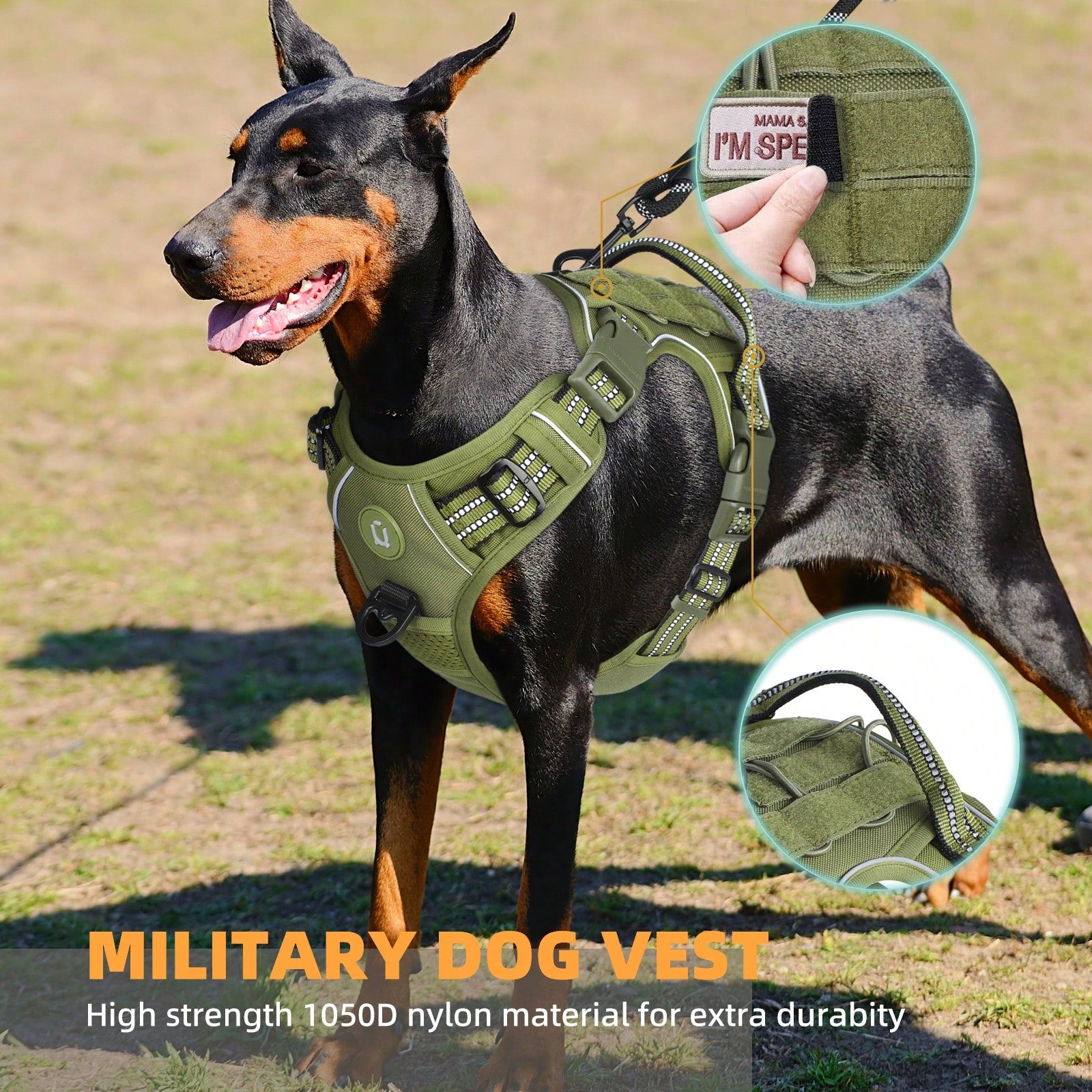Adjustable tactical dog harness in military vest style with double metal hook and anti-pull design for dog training and walking