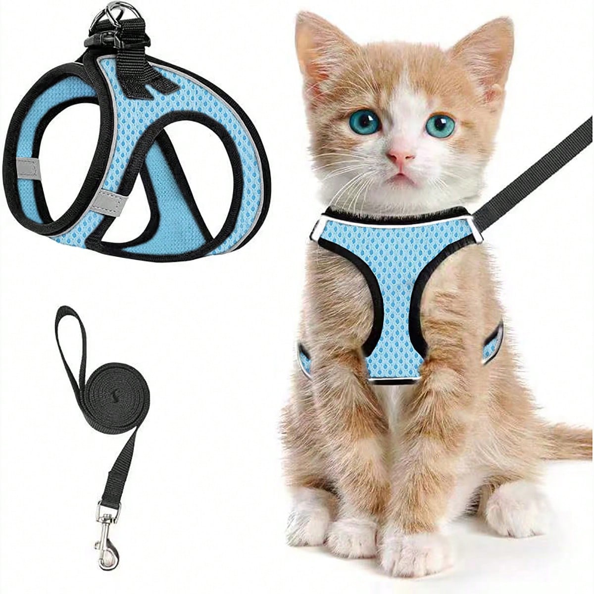 Black polyester cat harness and leash set with soft adjustable vest, breathable design, reflective stripe, and easy-control walking fit for cats or dogs.