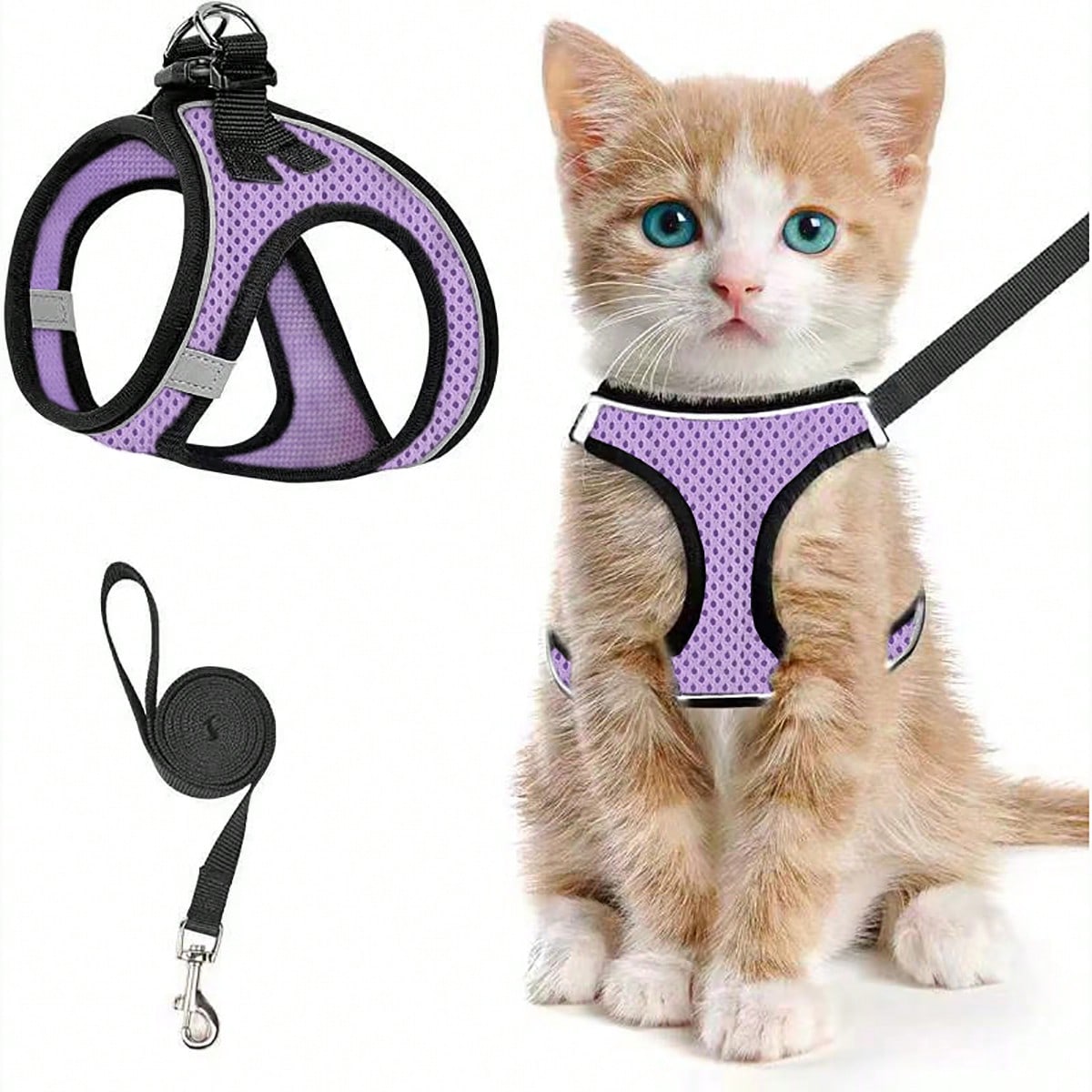 Black polyester cat harness and leash set with soft adjustable vest, breathable design, reflective stripe, and easy-control walking fit for cats or dogs.