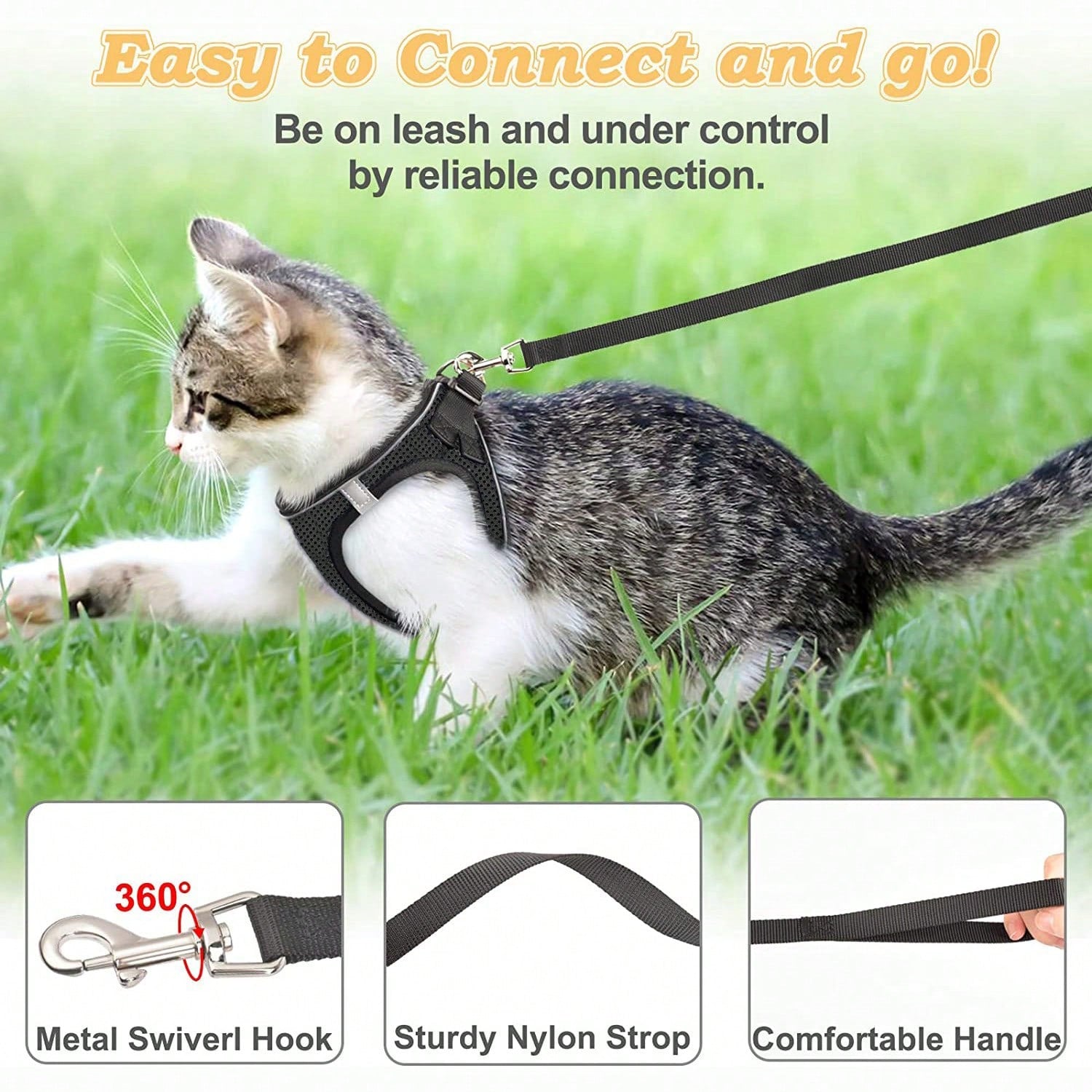 Black polyester cat harness and leash set with soft adjustable vest, breathable design, reflective stripe, and easy-control walking fit for cats or dogs.