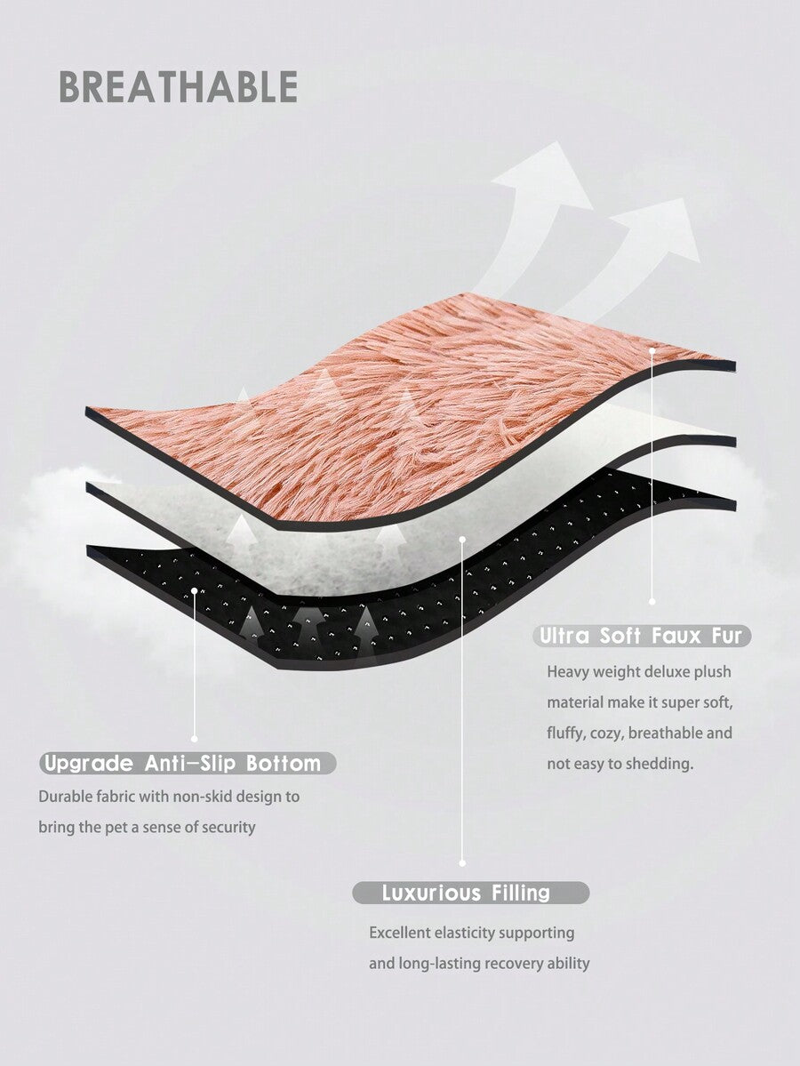Washable dusty pink plush pet cage bed mat with cartoon pattern for dogs and cats featuring an anti-slip bottom.