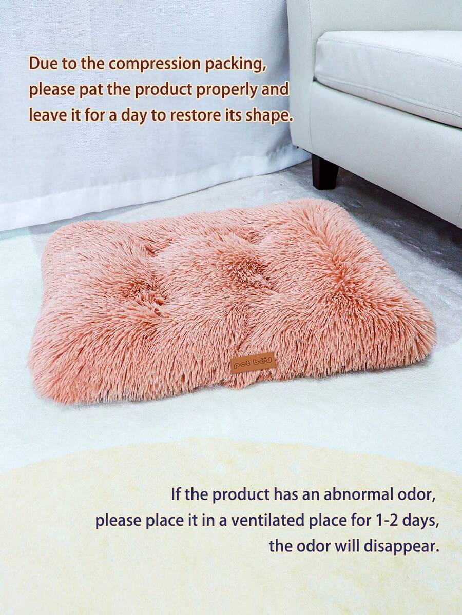 Washable dusty pink plush pet cage bed mat with cartoon pattern for dogs and cats featuring an anti-slip bottom.