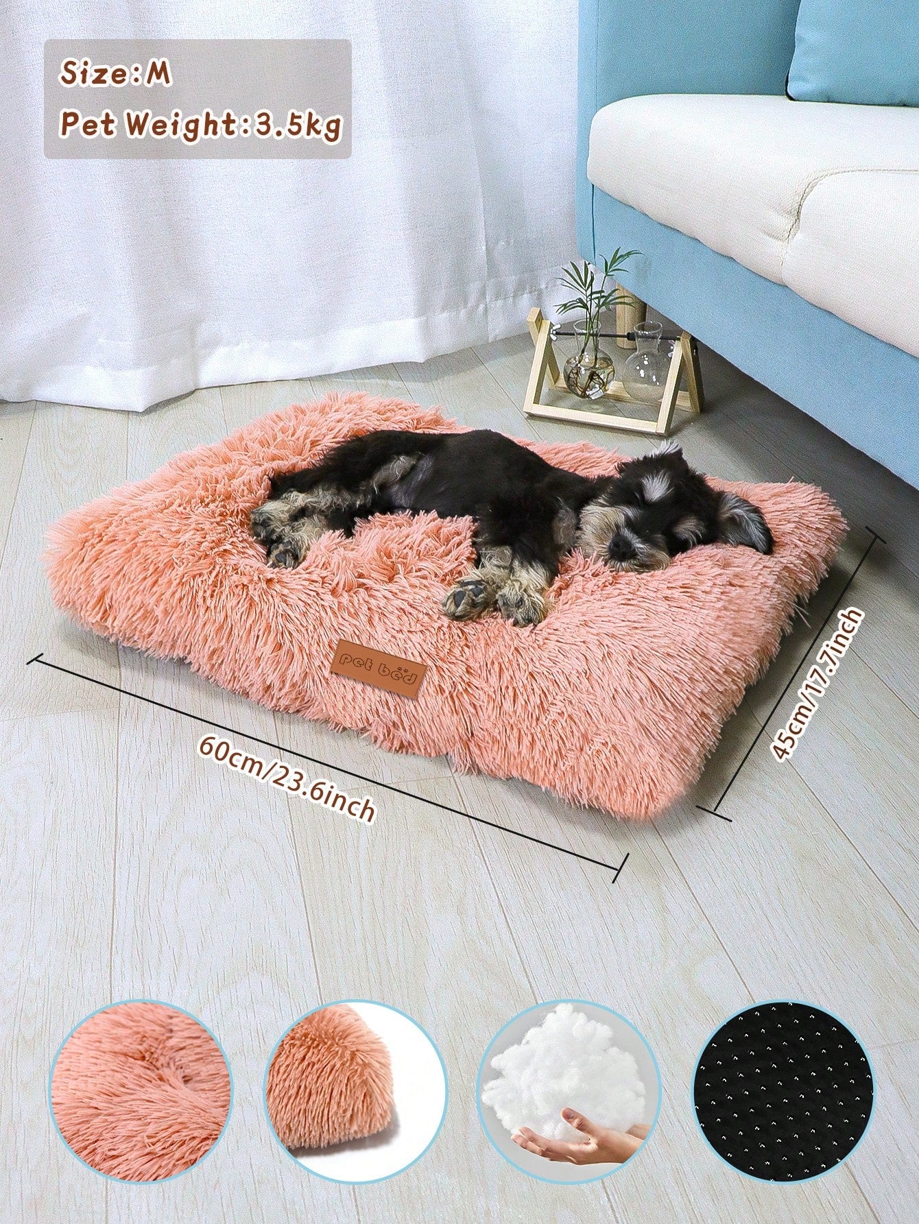 Washable dusty pink plush pet cage bed mat with cartoon pattern for dogs and cats featuring an anti-slip bottom.