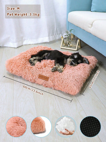 Washable dusty pink plush pet cage bed mat with cartoon pattern for dogs and cats featuring an anti-slip bottom.