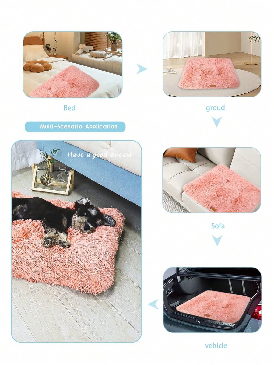 Washable dusty pink plush pet cage bed mat with cartoon pattern for dogs and cats featuring an anti-slip bottom.