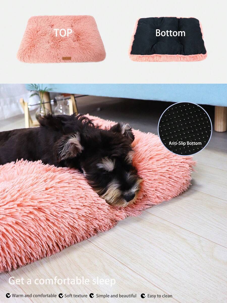 Washable dusty pink plush pet cage bed mat with cartoon pattern for dogs and cats featuring an anti-slip bottom.