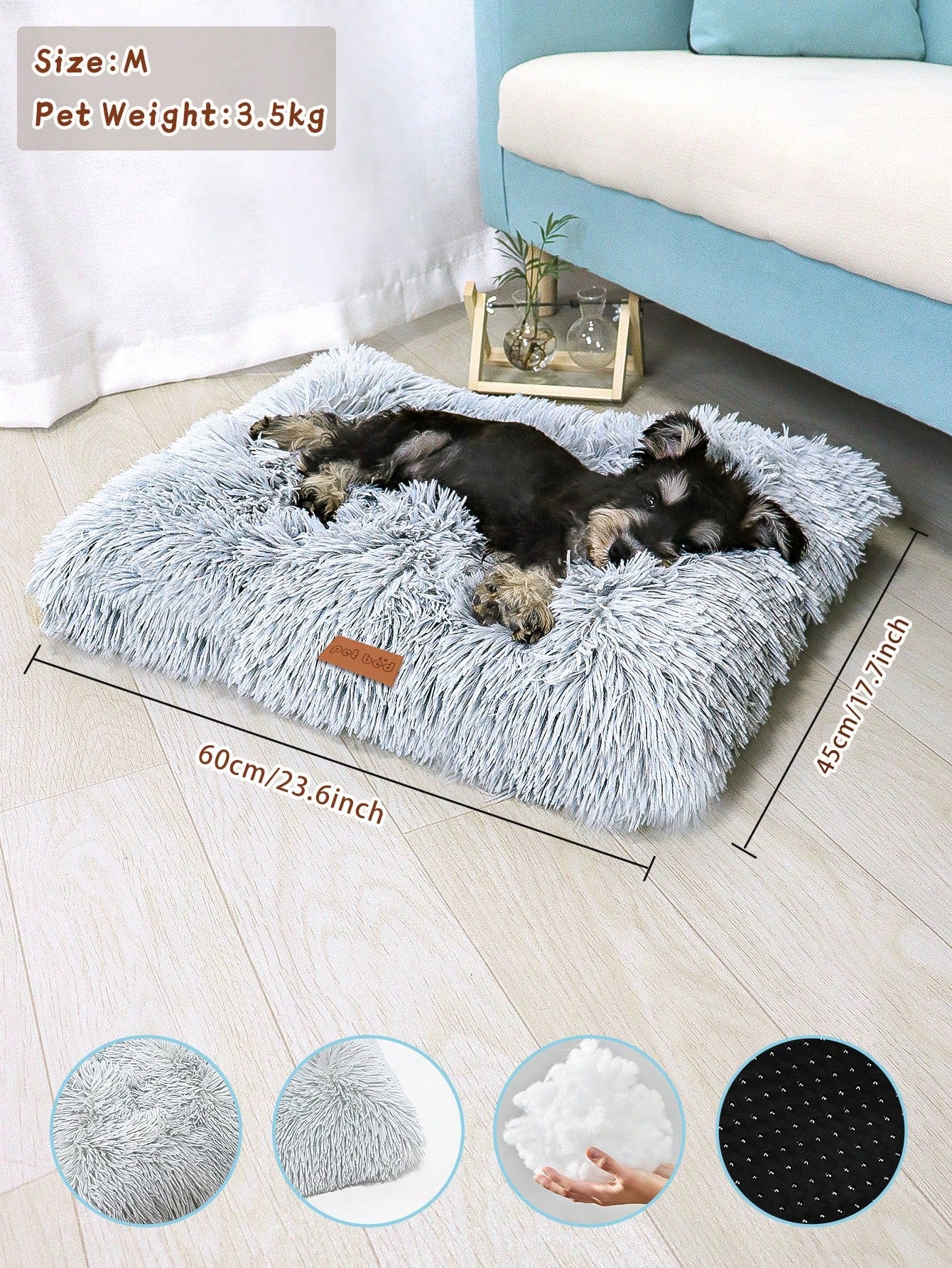 Washable dusty pink plush pet cage bed mat with cartoon pattern for dogs and cats featuring an anti-slip bottom.