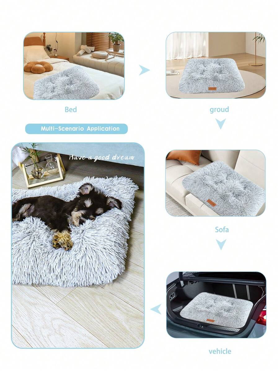 Washable dusty pink plush pet cage bed mat with cartoon pattern for dogs and cats featuring an anti-slip bottom.
