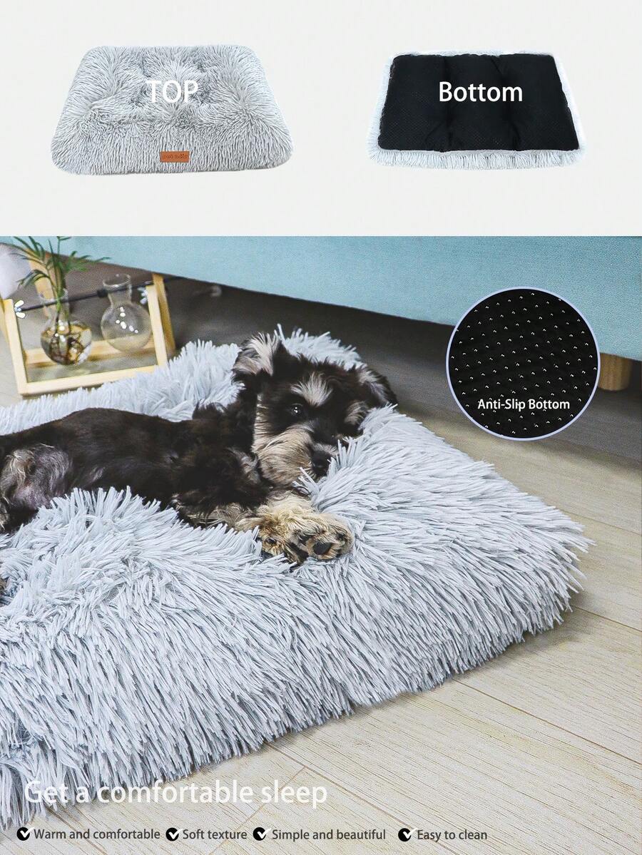 Washable dusty pink plush pet cage bed mat with cartoon pattern for dogs and cats featuring an anti-slip bottom.