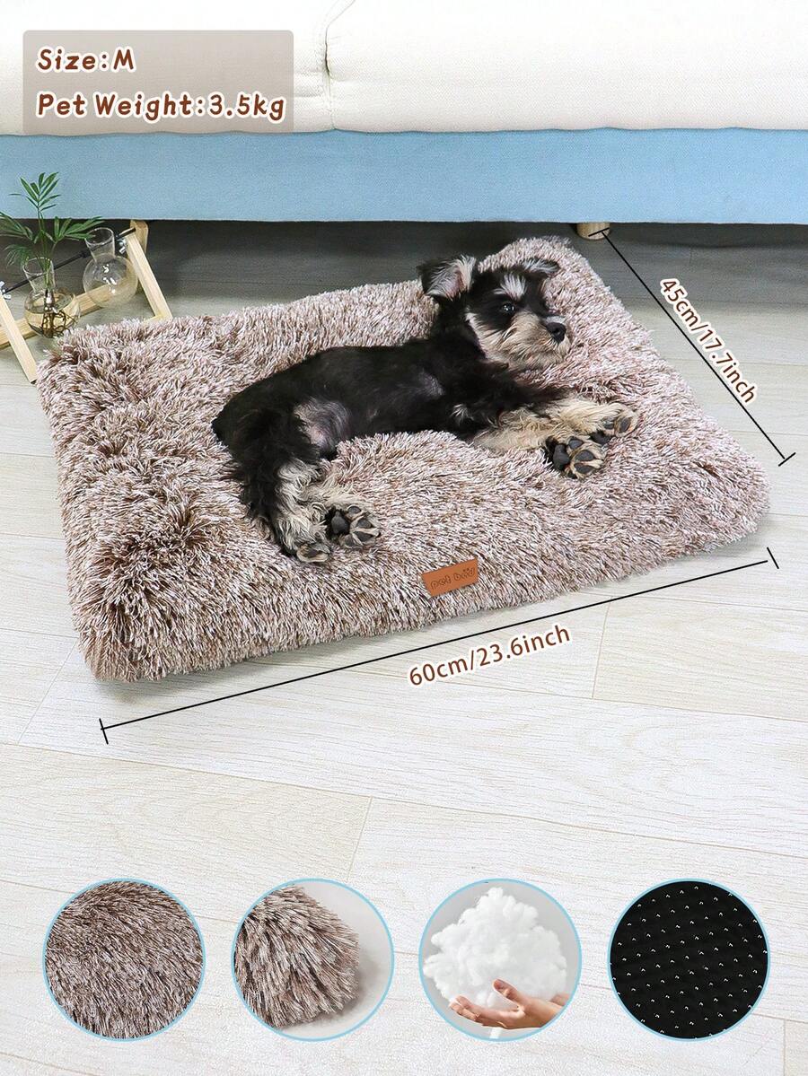 Washable dusty pink plush pet cage bed mat with cartoon pattern for dogs and cats featuring an anti-slip bottom.