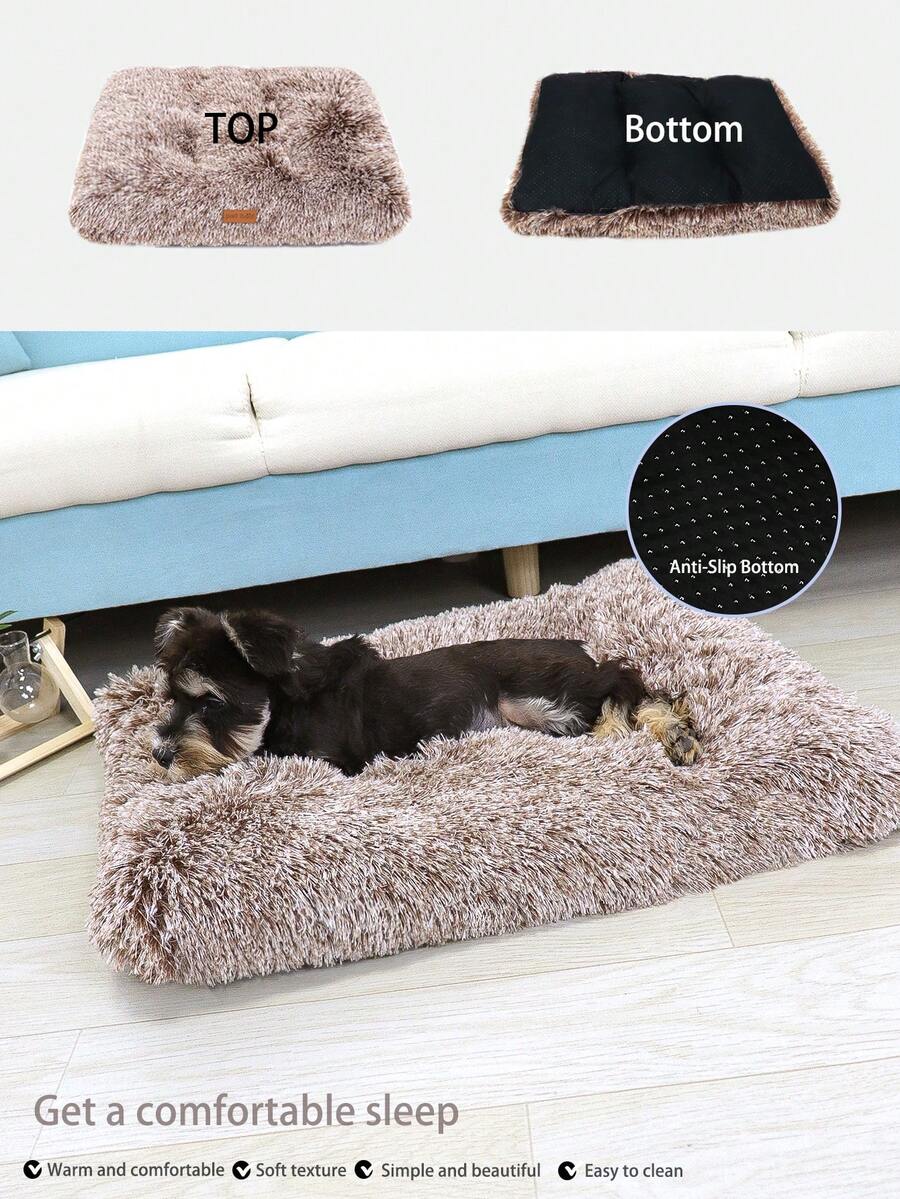 Washable dusty pink plush pet cage bed mat with cartoon pattern for dogs and cats featuring an anti-slip bottom.