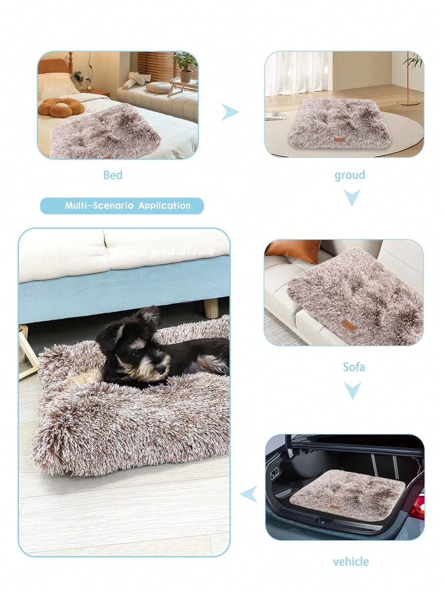 Washable dusty pink plush pet cage bed mat with cartoon pattern for dogs and cats featuring an anti-slip bottom.