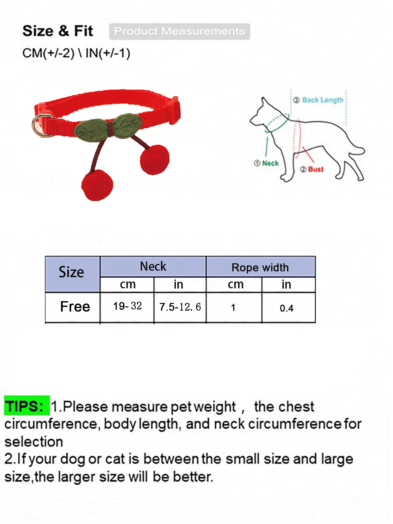 Red polyamide pet collar with cherry decor for cats and dogs