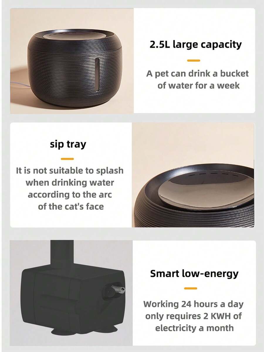 Black 2.5L automatic quiet pet water dispenser drinking fountain for small and medium dogs and cats.