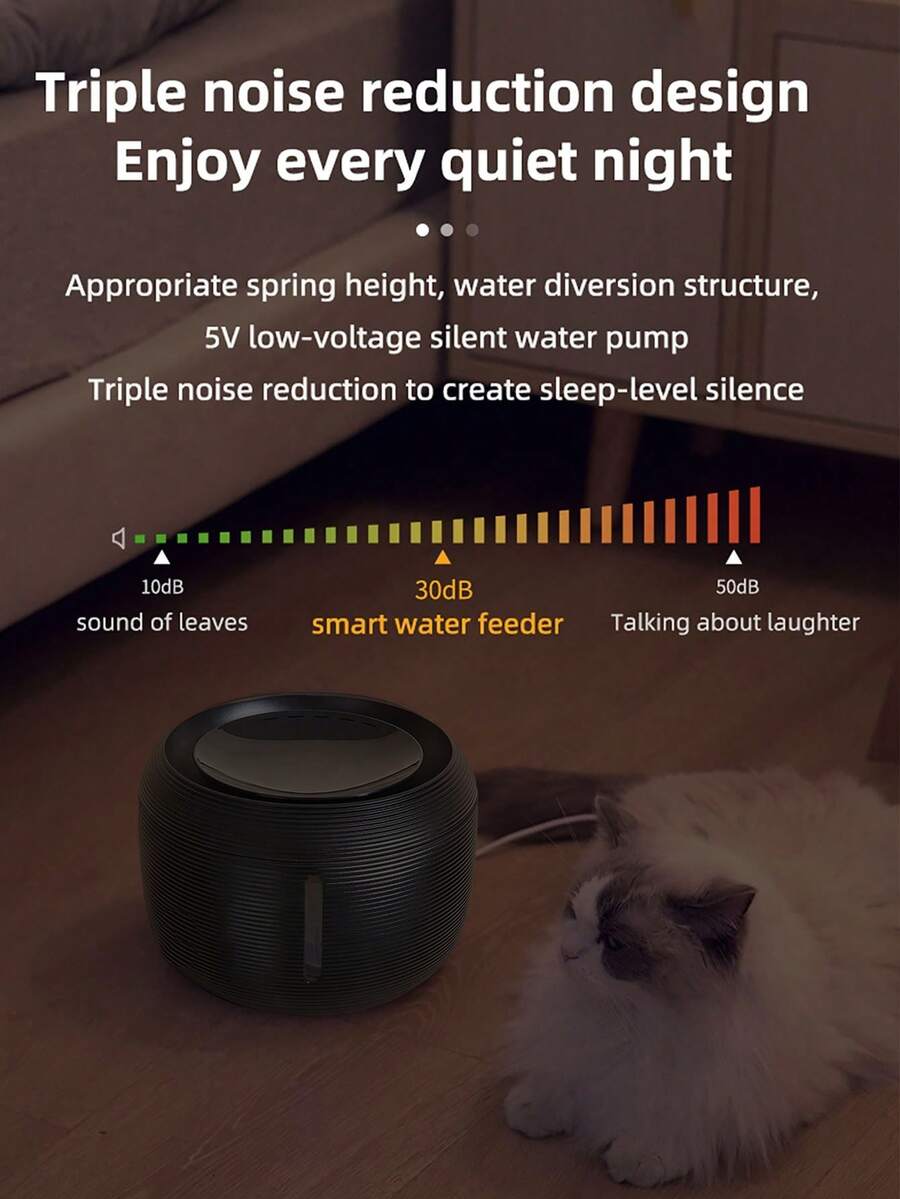Black 2.5L automatic quiet pet water dispenser drinking fountain for small and medium dogs and cats.