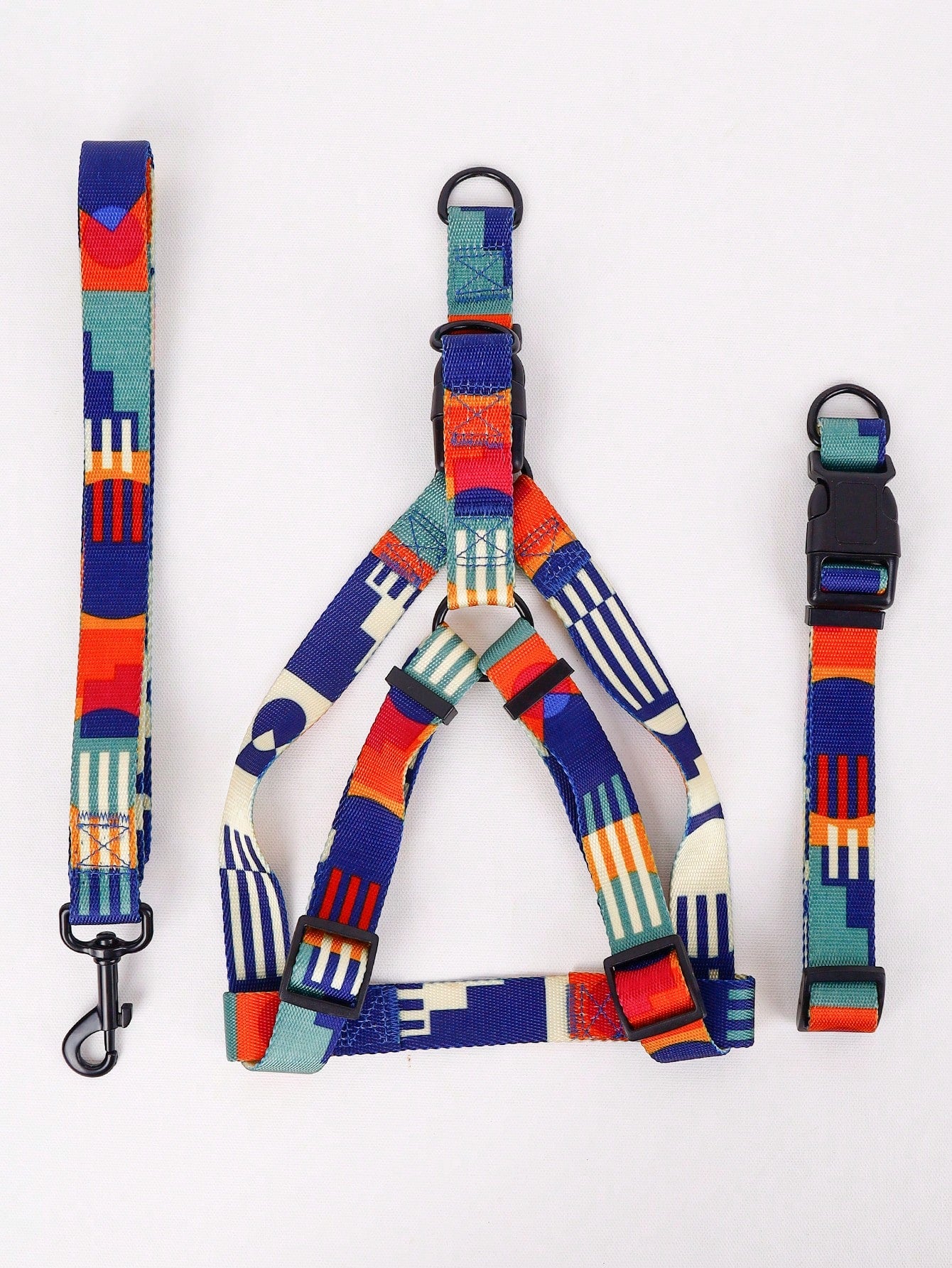 Supet multicolor geometric colorblock pet leash harness set with anti-escape collar for cats and dogs