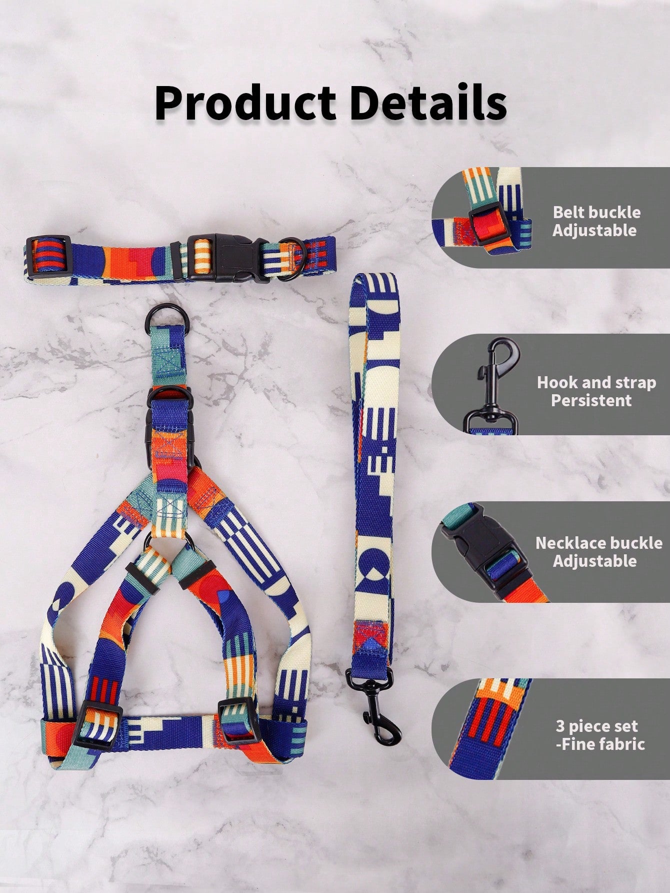 Supet multicolor geometric colorblock pet leash harness set with anti-escape collar for cats and dogs