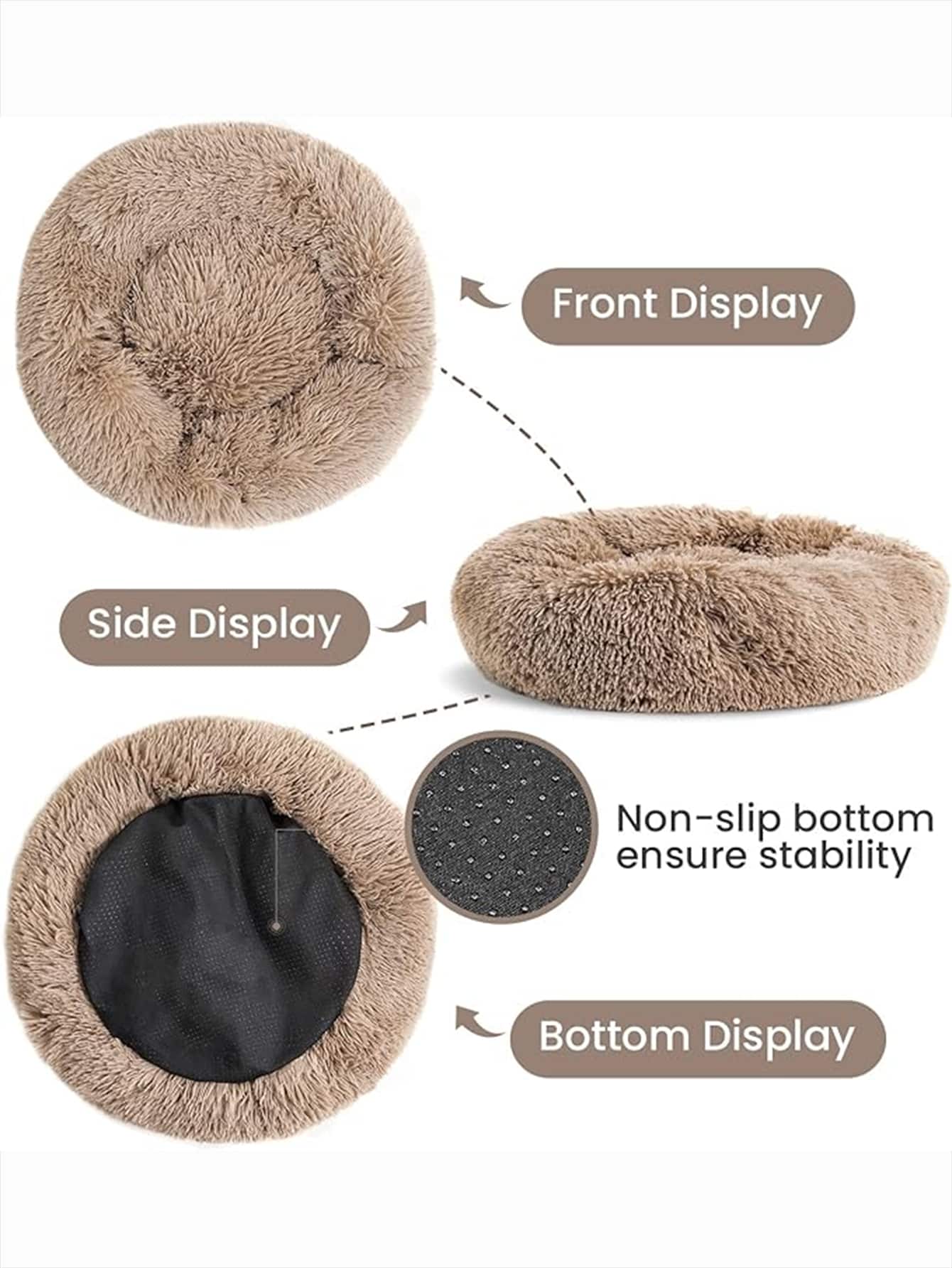 Khaki round plush pet bed for small to medium cats and dogs, soft machine washable non-detachable pet cushion.