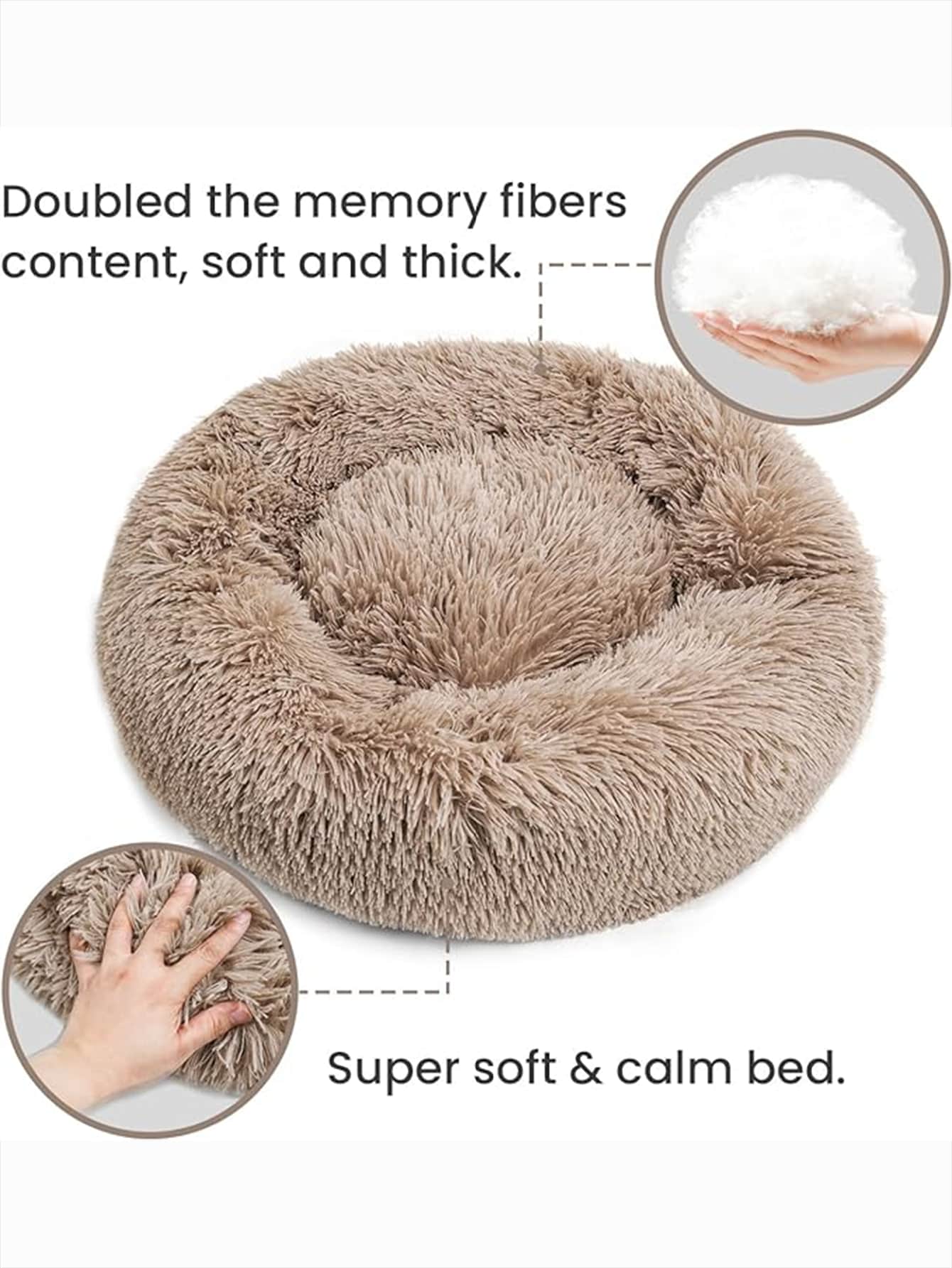 Khaki round plush pet bed for small to medium cats and dogs, soft machine washable non-detachable pet cushion.