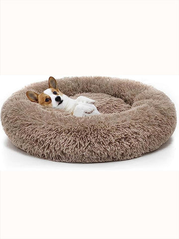 Khaki round plush pet bed for small to medium cats and dogs, soft machine washable non-detachable pet cushion.