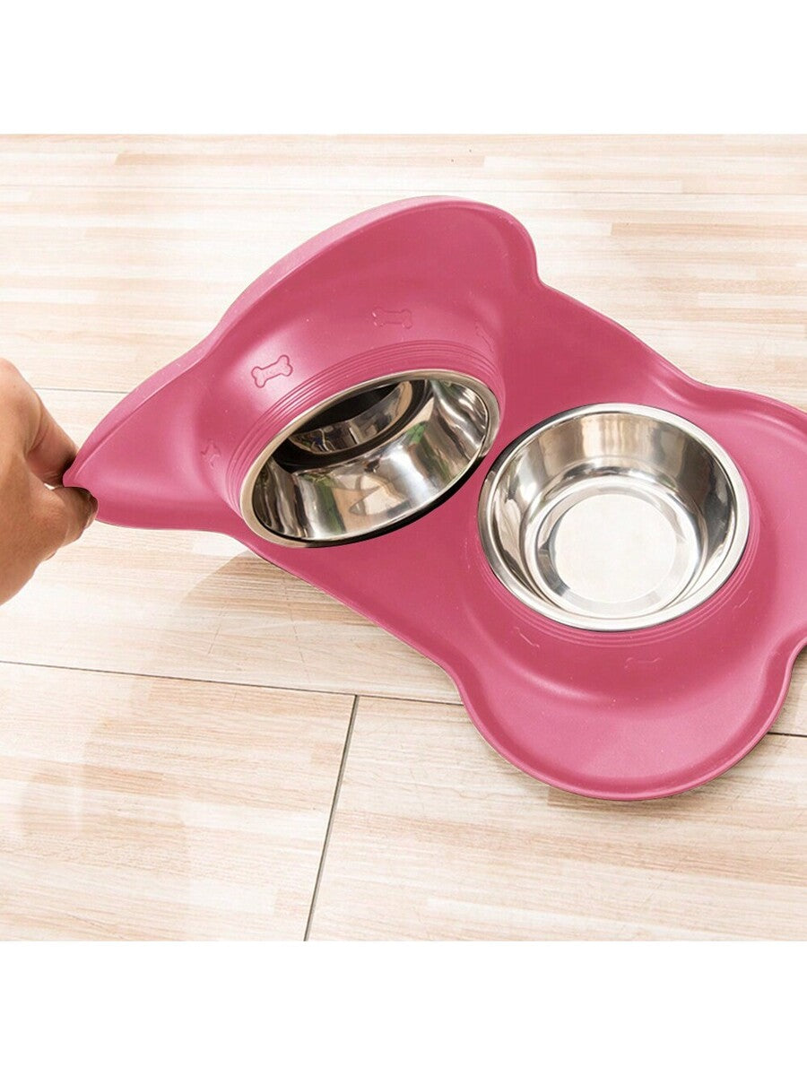 Anti-spill double pet bowl feeder with non-skid mat for dogs and cats