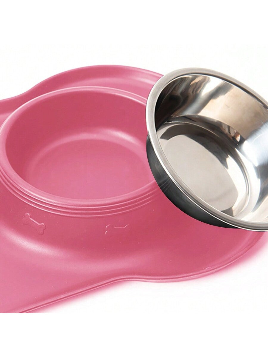 Anti-spill double pet bowl feeder with non-skid mat for dogs and cats