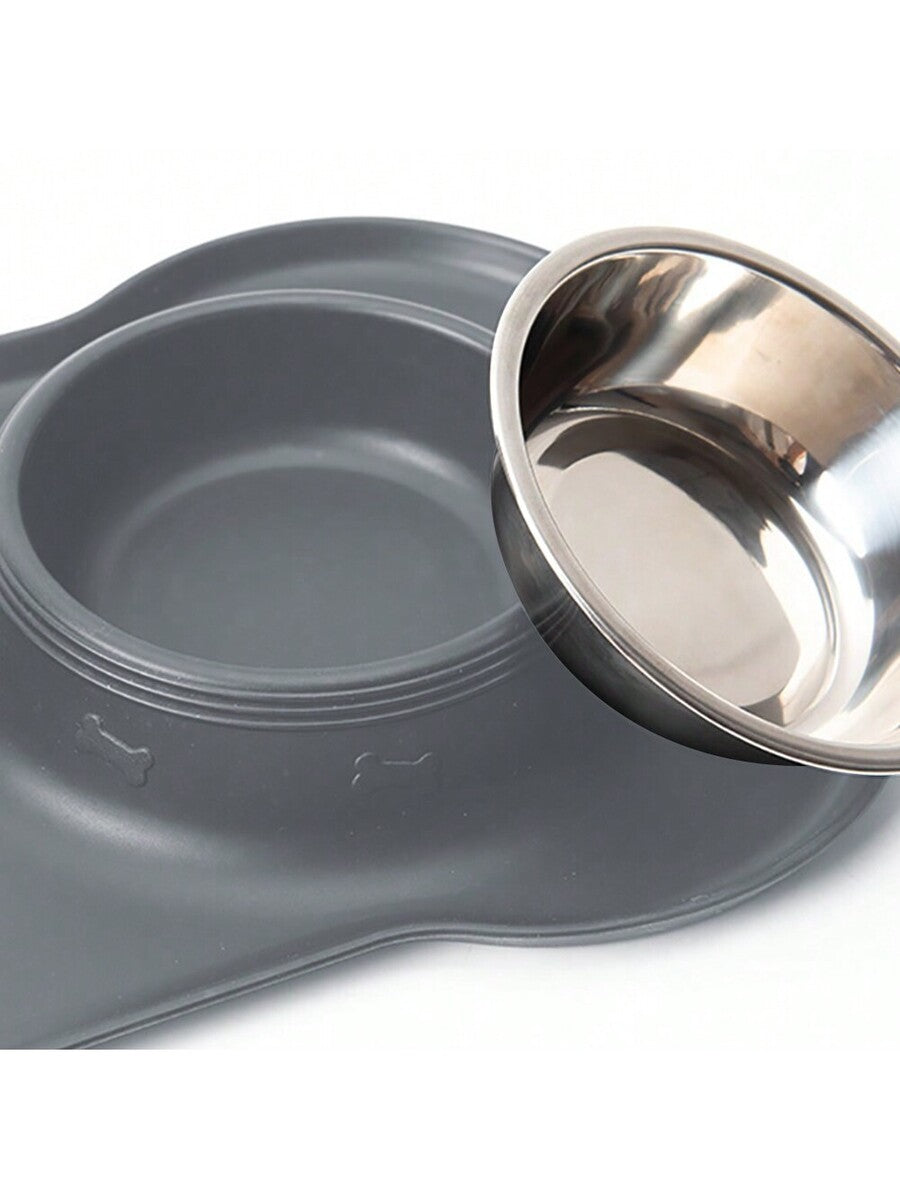 Anti-spill double pet bowl feeder with non-skid mat for dogs and cats