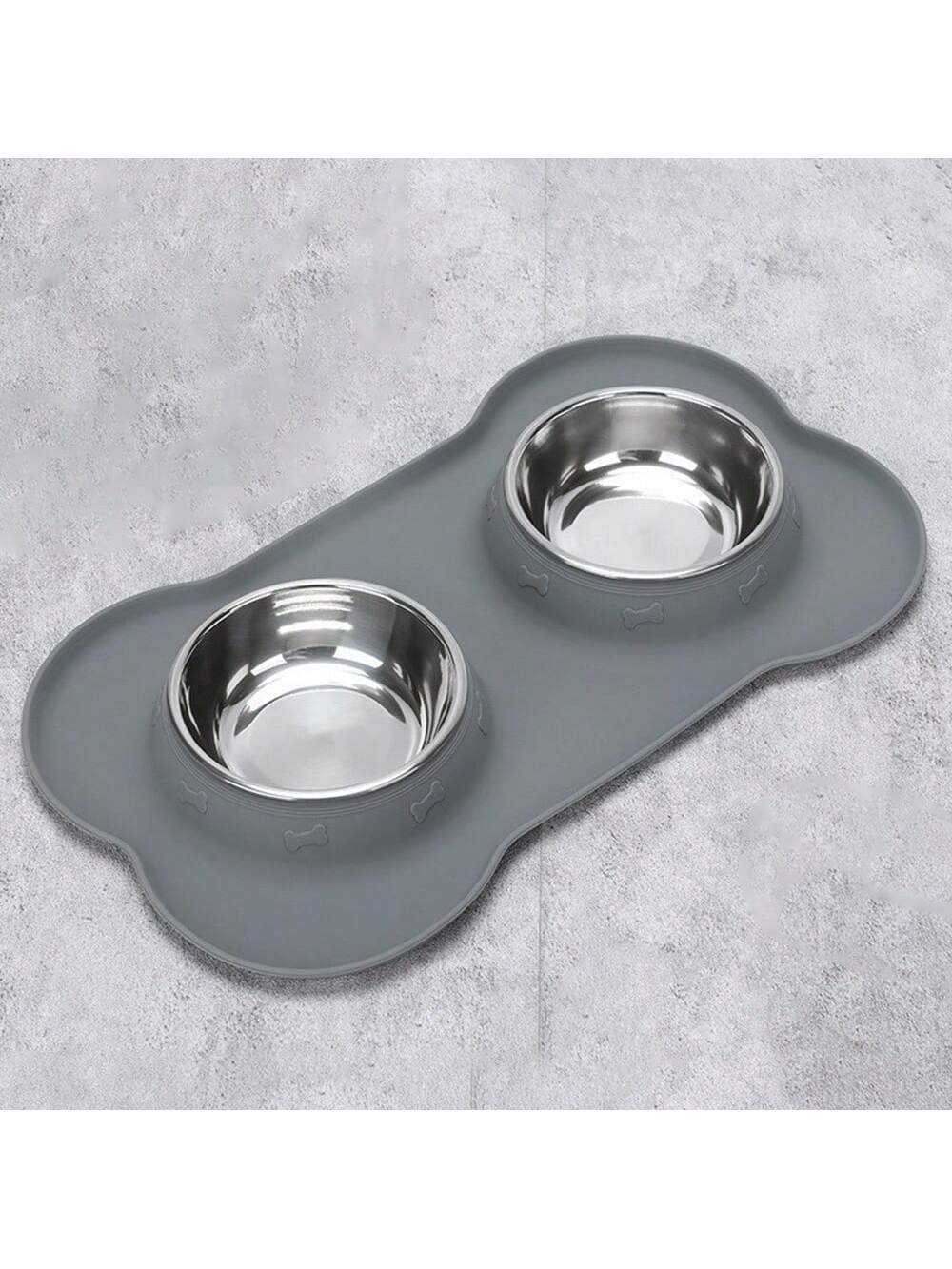 Anti-spill double pet bowl feeder with non-skid mat for dogs and cats