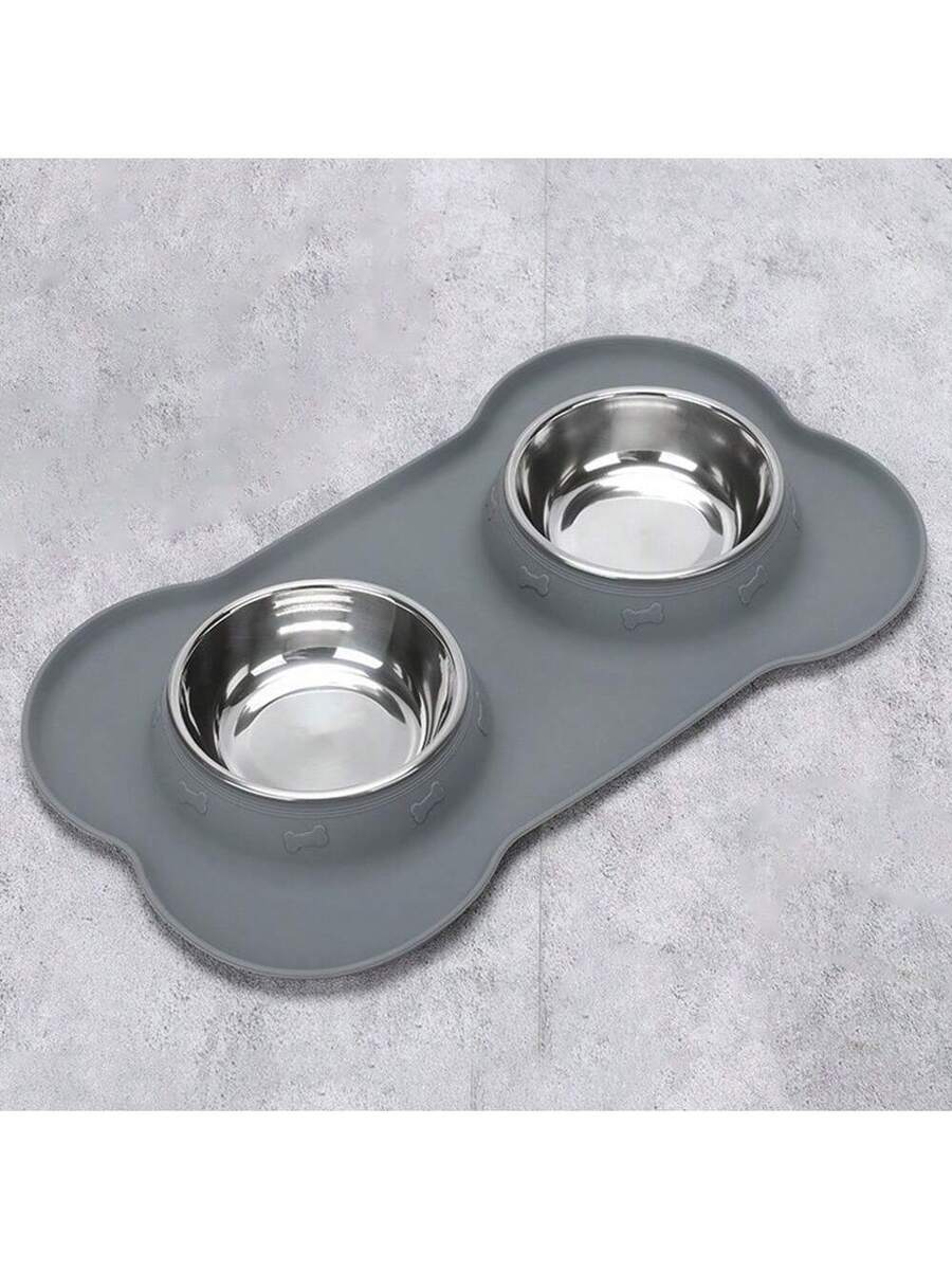 Anti-spill double pet bowl feeder with non-skid mat for dogs and cats