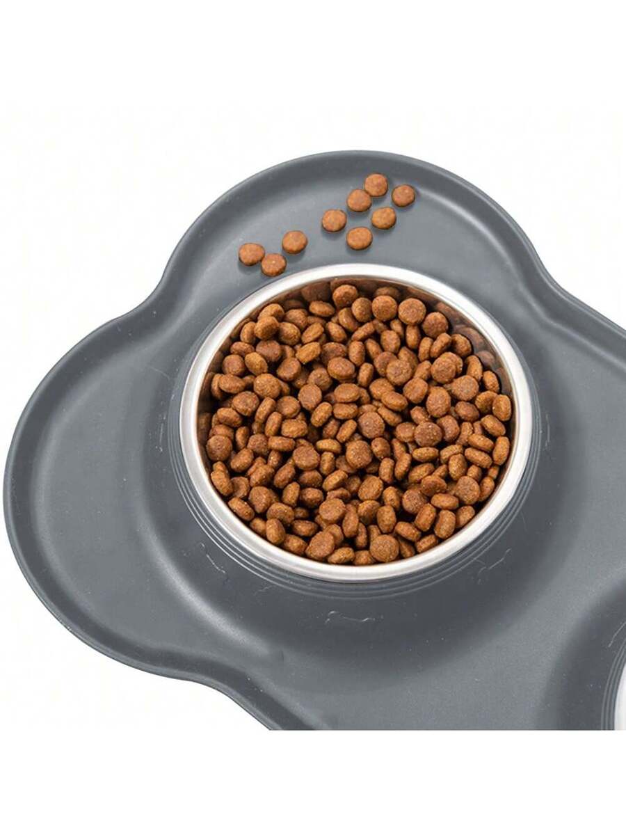 Anti-spill double pet bowl feeder with non-skid mat for dogs and cats