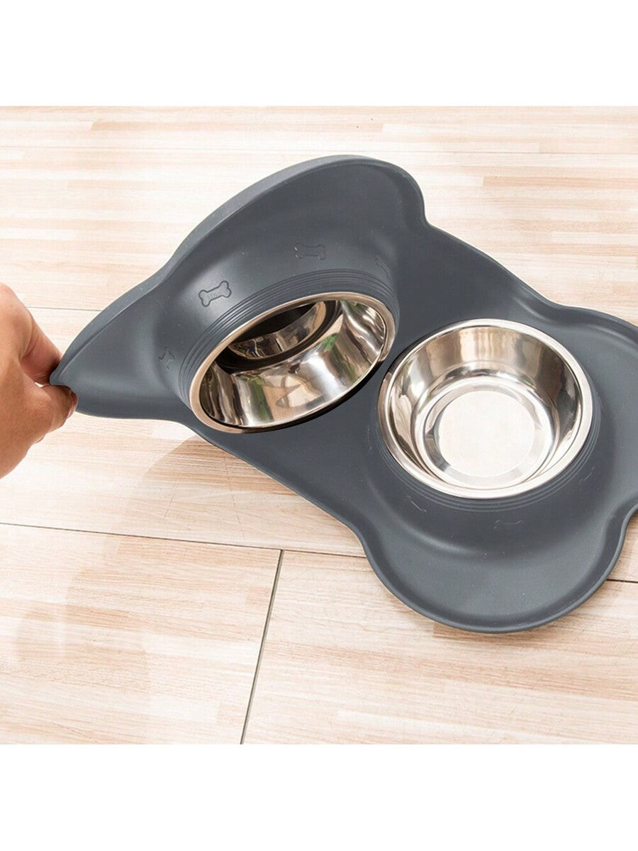 Anti-spill double pet bowl feeder with non-skid mat for dogs and cats